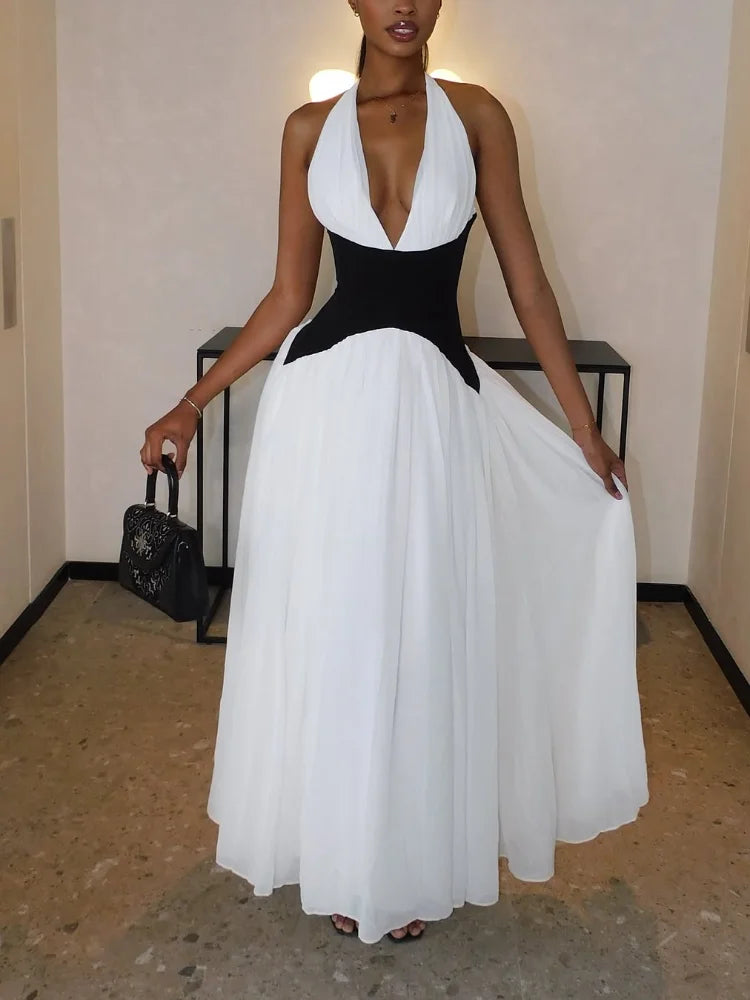 Elegant Contrasting Woman Long Dresses New Summer Sexy V Neck High Waist A-line Midi Vestidos Lady Evening Sleeveless Club Robes