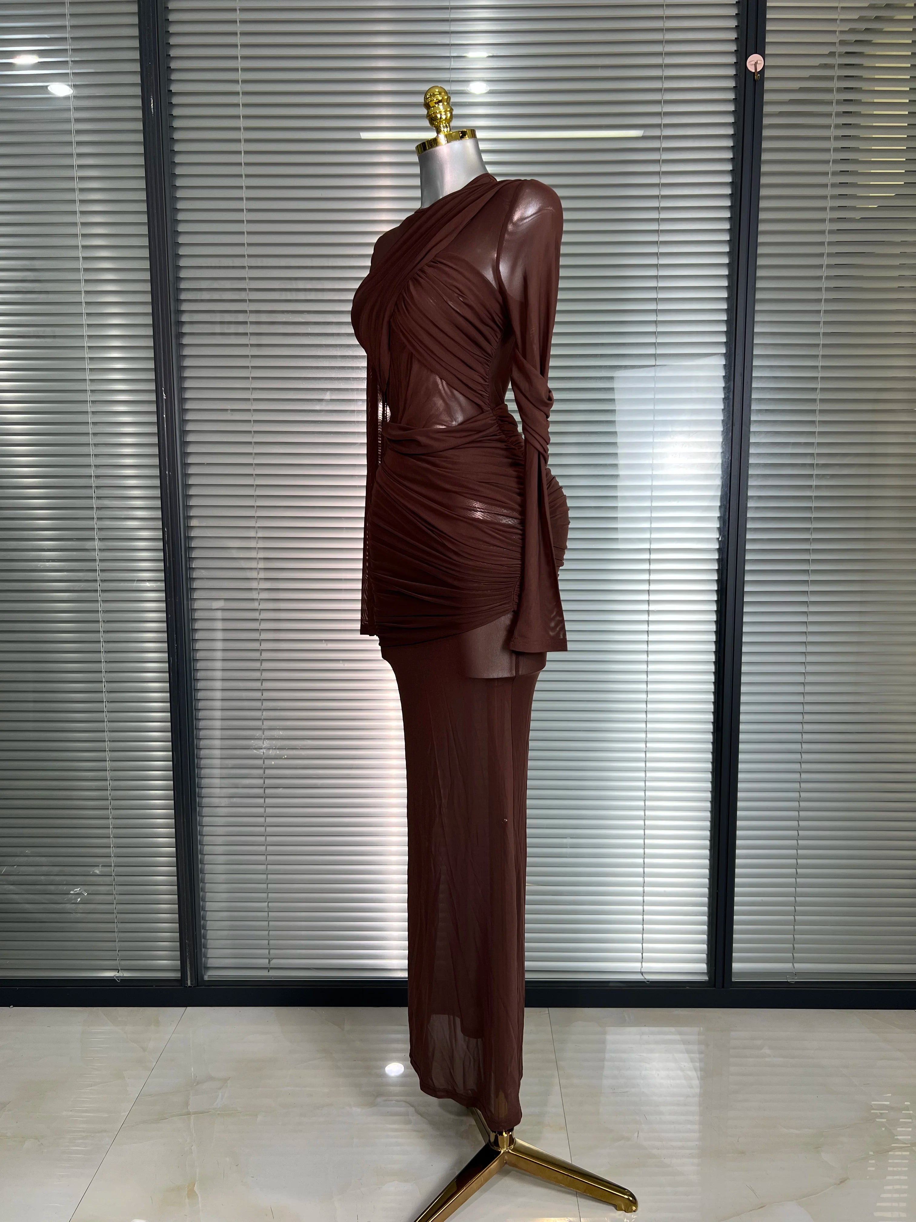 Summer New Women Sexy Long Sleeve Lace Mesh Ruched Maxi Dress Brown High Street Party Dress