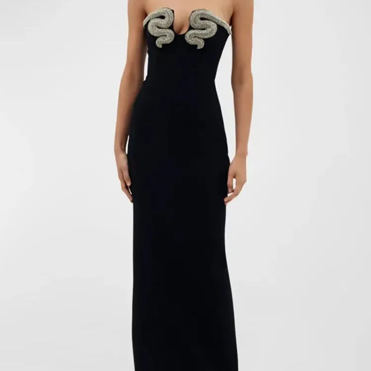 Vestido longo preto longo, sem alças, colado ao corpo, elegante, para festa noturna, celebridades, sexy, sem costas, diamantes