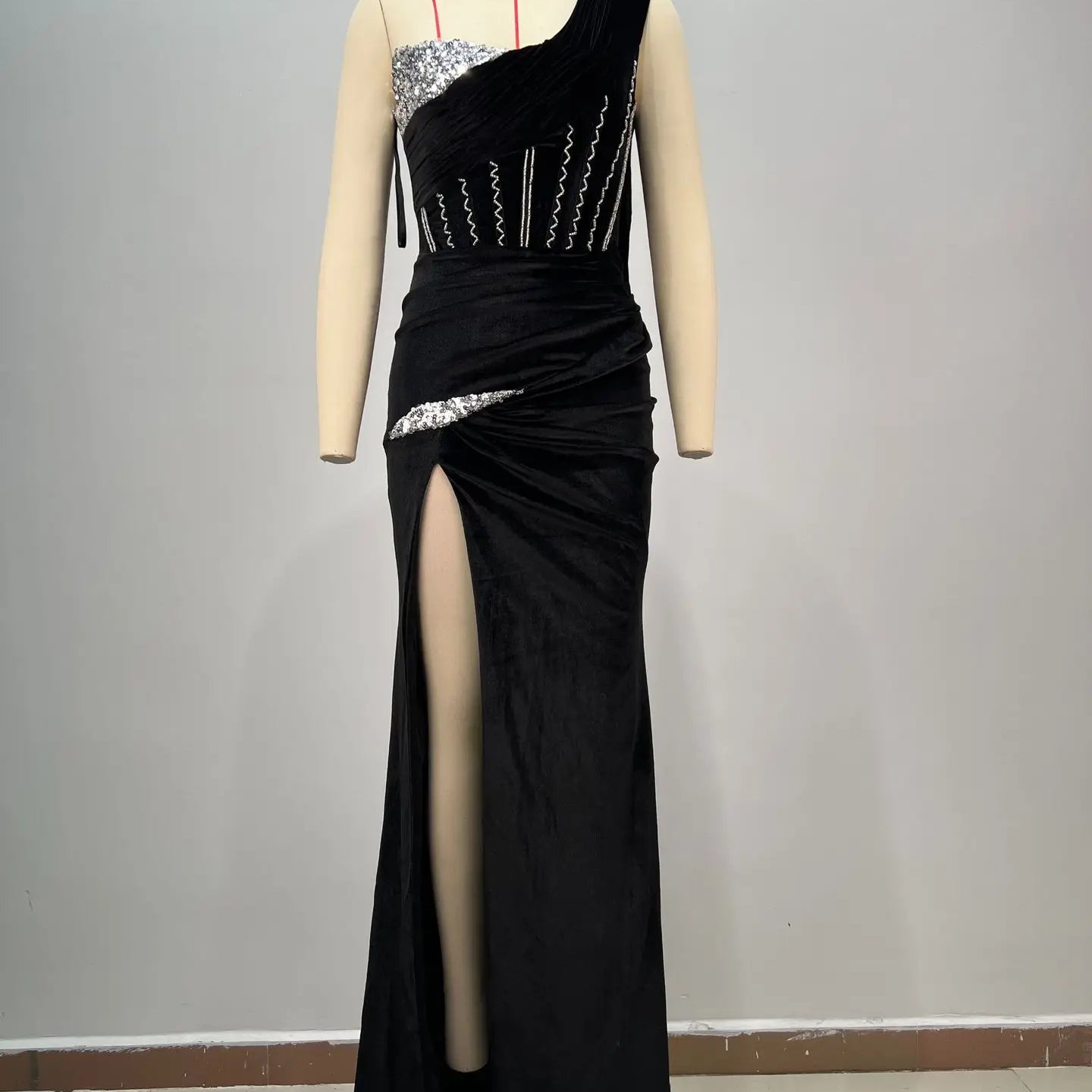 Luxury Diammonds High Slit One Shoulder Long Ribbon Velvet Strapless Floor Length Dress Celebrity Party Dress Birthday Vestido