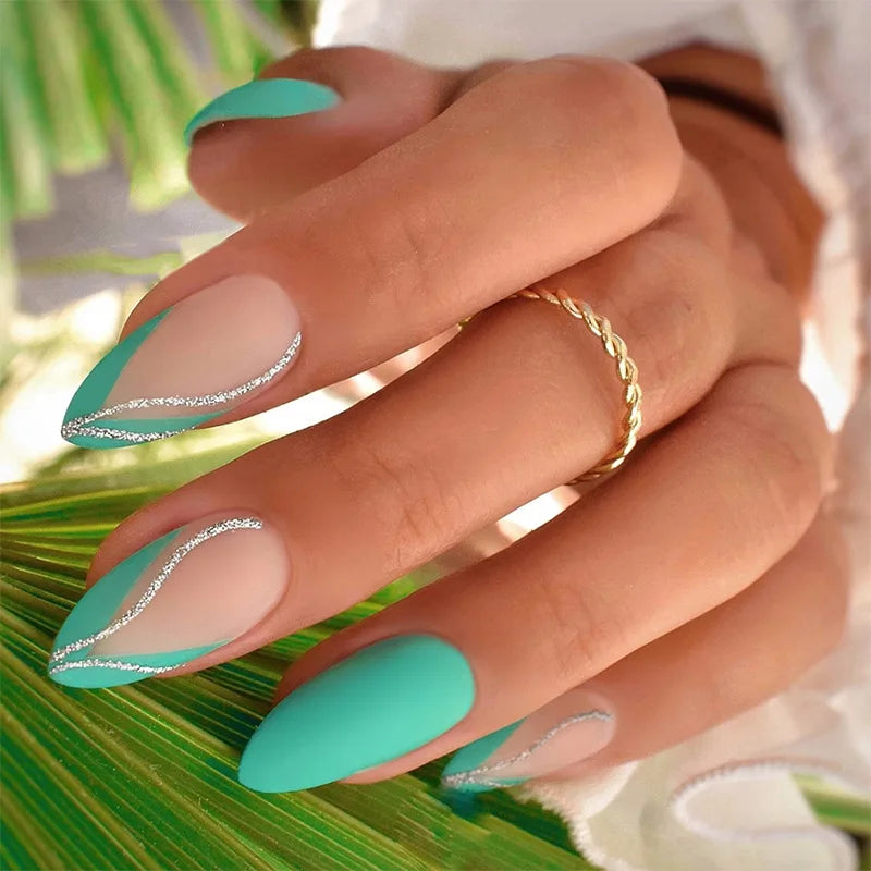 24Pcs Mid-length Almond Press on Fake Nails with Green French Shiny Powder Stripe False Nails Detachable Full Cover Nail Tip Art