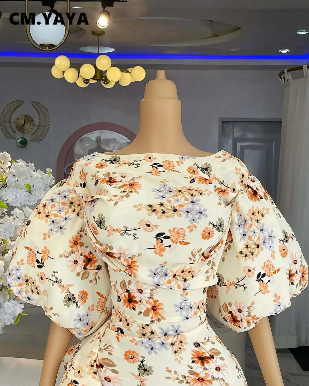 CM.YAYA Women Lantern Half Sleeve Ruffles Side Floral Print Side Split Long Maxi Dress 2025 Evening Sexy Party Dresses Vestidos