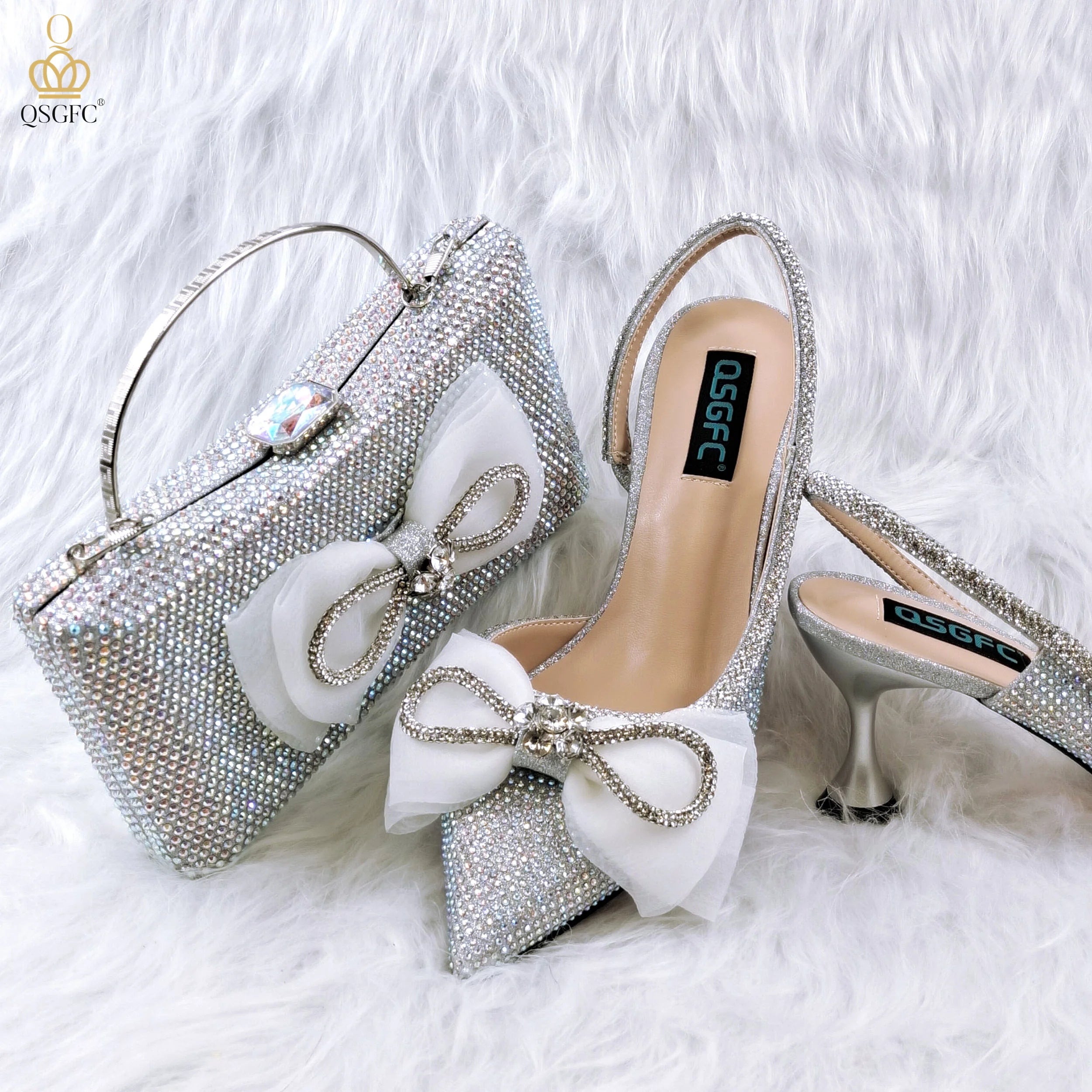 Style Rhinestone Bow Side Empty Party High Heels Pointed Toe Stiletto Heels Silver Women's Shoes And Bags SILVER