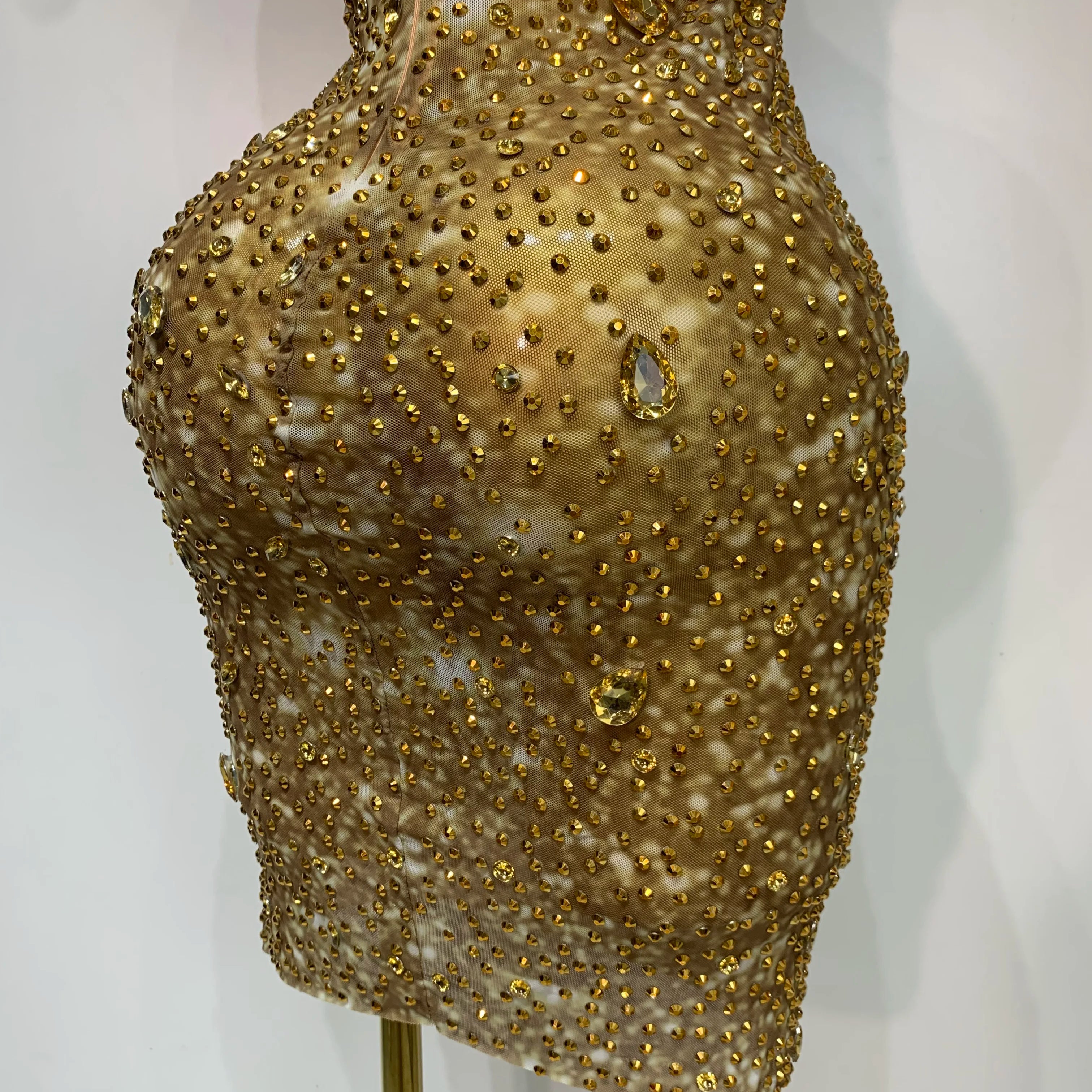 Women Sexy Stage Perform Outfit Club Gown Shining Gold Rhinestones Elegant Mesh Dress Birthday Evening Party Photoshoot Costume