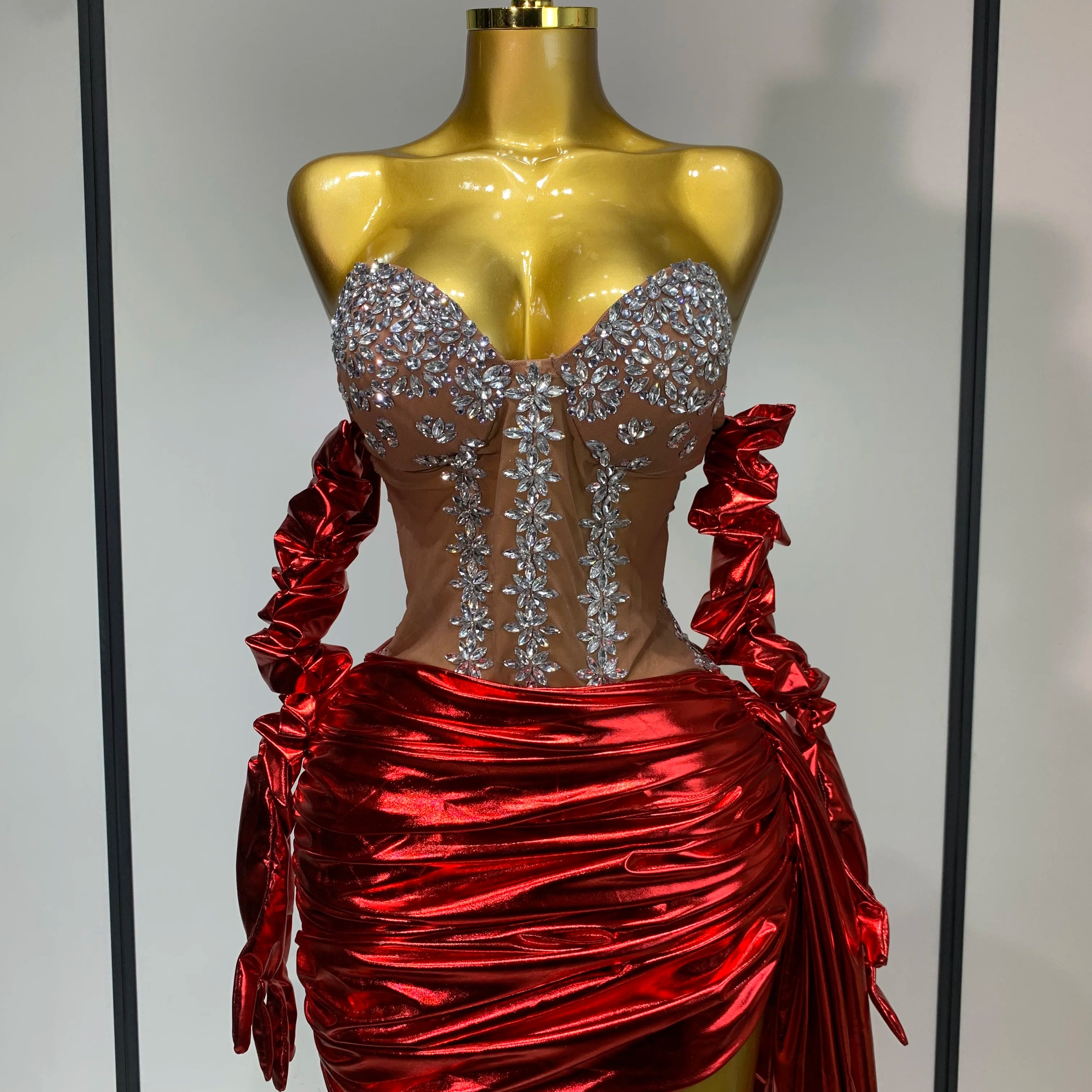 Sparkly Diamonds Sexy Mesh See Through Mini Dress Glove Women Celebrate Party Luxury Birthday Nightclub Perform Stage Outfit