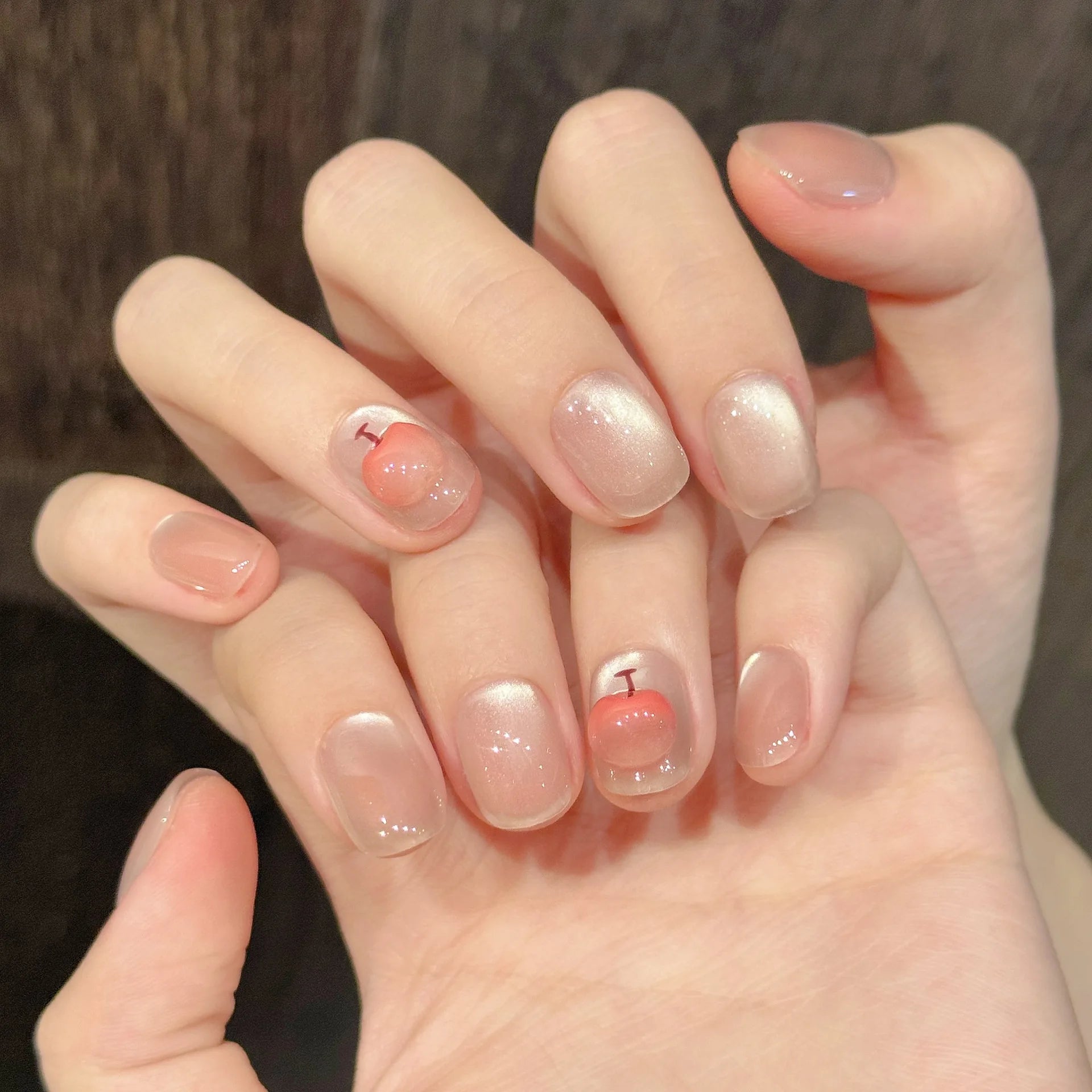 10pcs Handmade Fake Nail Art Short Oval Nails Tips Cute Cherry Bow Design Stick on Nail Detachable  Pink Press on Fake Nails Set