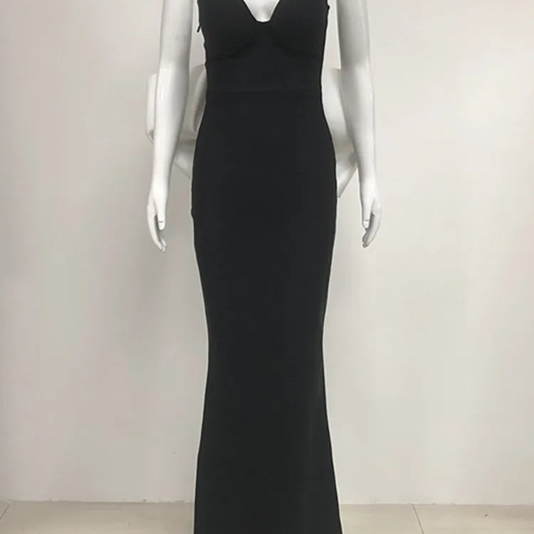 Vestido longo de bandagem colado ao corpo, sexy, sem alças, com gravata borboleta, patchwork, preto, longo, 2025, elegante, para festa à noite