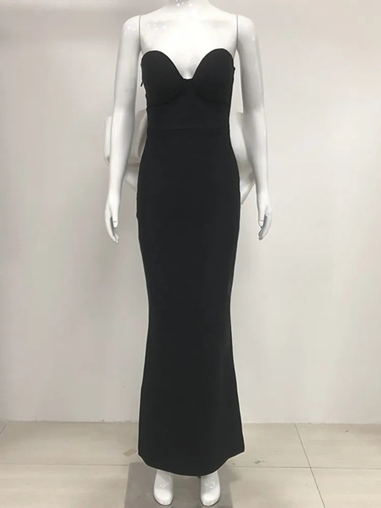 Vestido longo de bandagem colado ao corpo, sexy, sem alças, com gravata borboleta, patchwork, preto, longo, 2025, elegante, para festa à noite