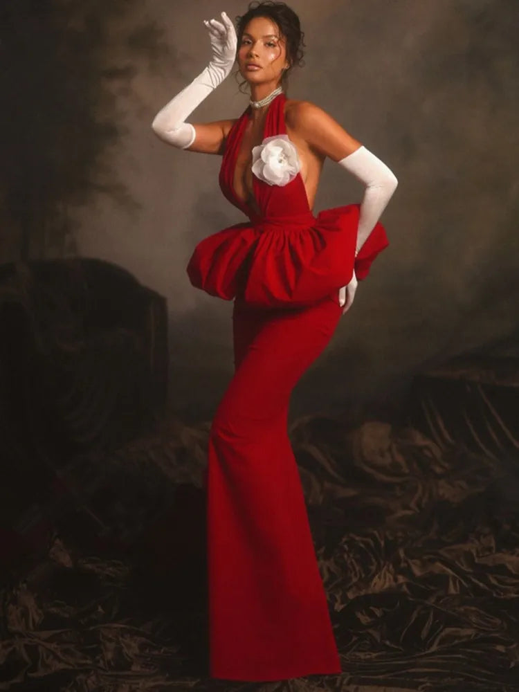 Women Celebrity Sexy Halter Backless Red Flower Maxi Long Bodycon Bandage Dress 2025 Elegant Evening Club Party Dress