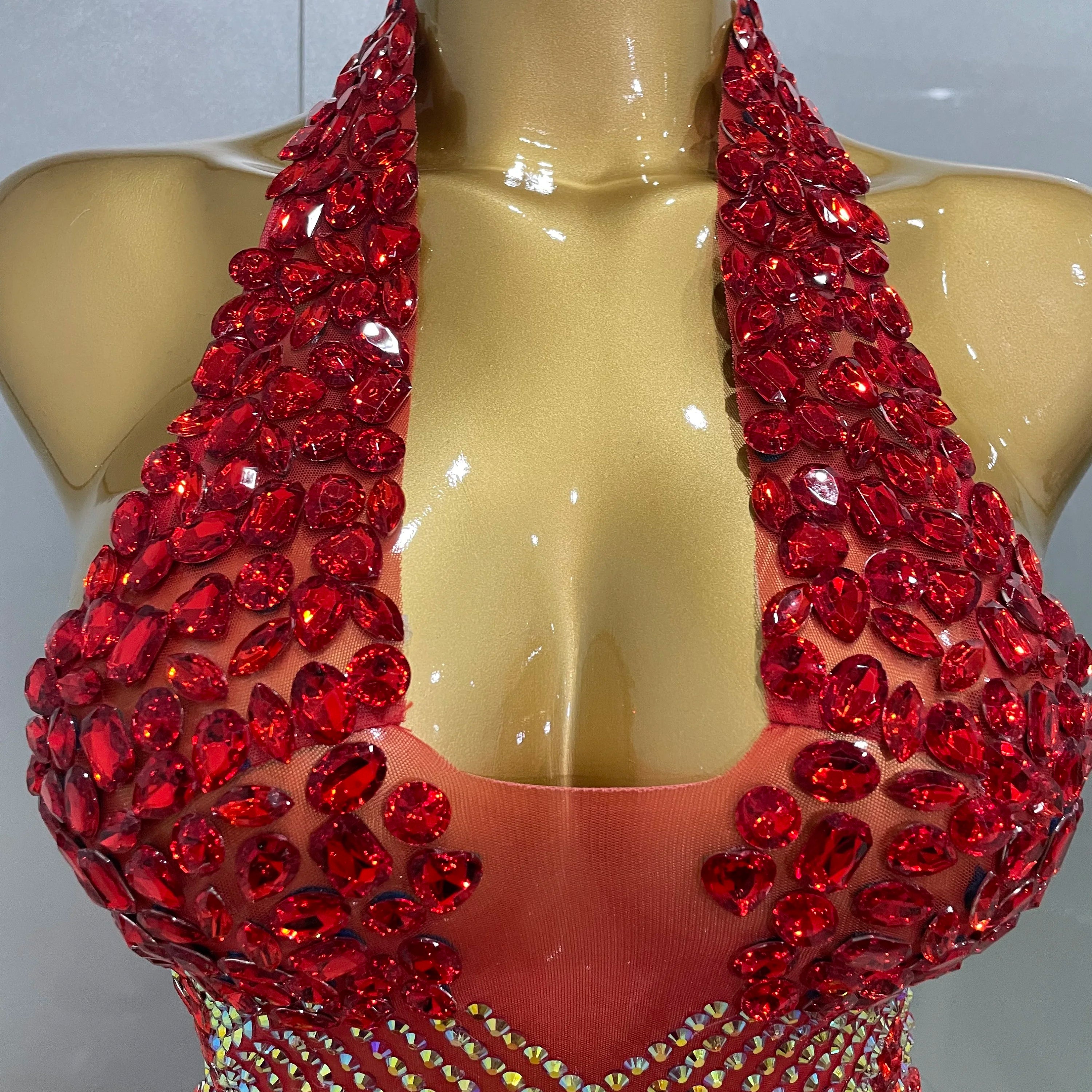 Sexy Red Sparkly Rhinestones Halter Backless Velour Short Dress 2025 New Women Evening Prom Celebrate Birthday Party Stage Wear