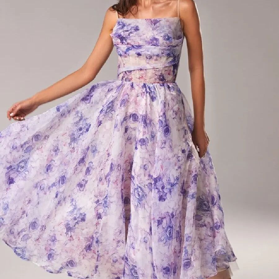 Bridal Luxury Evening Dresse Slim Fit Slash Neck A-LINE Sleeveless Ankle-Length Print Sling Chiffon Dress Women purple