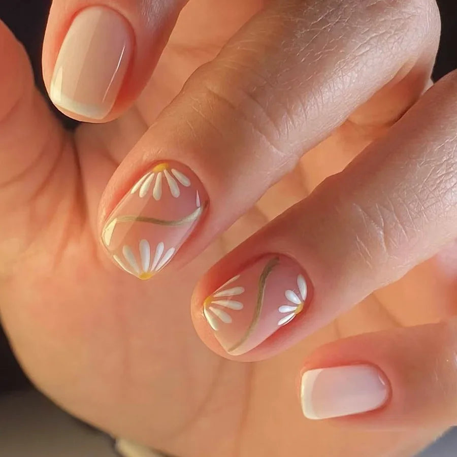 24Pcs Short Square Head Press on False Nails with Blue White French Flower Design Fake Nails Art Reusable Full Cover Nails Tips