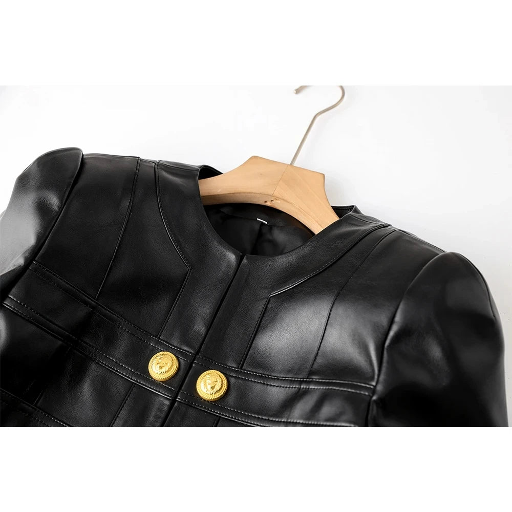 Fall Spring MotorBike Style Handsome Women Short Plaid Open PU Leather Outdoor Fashion Jacket