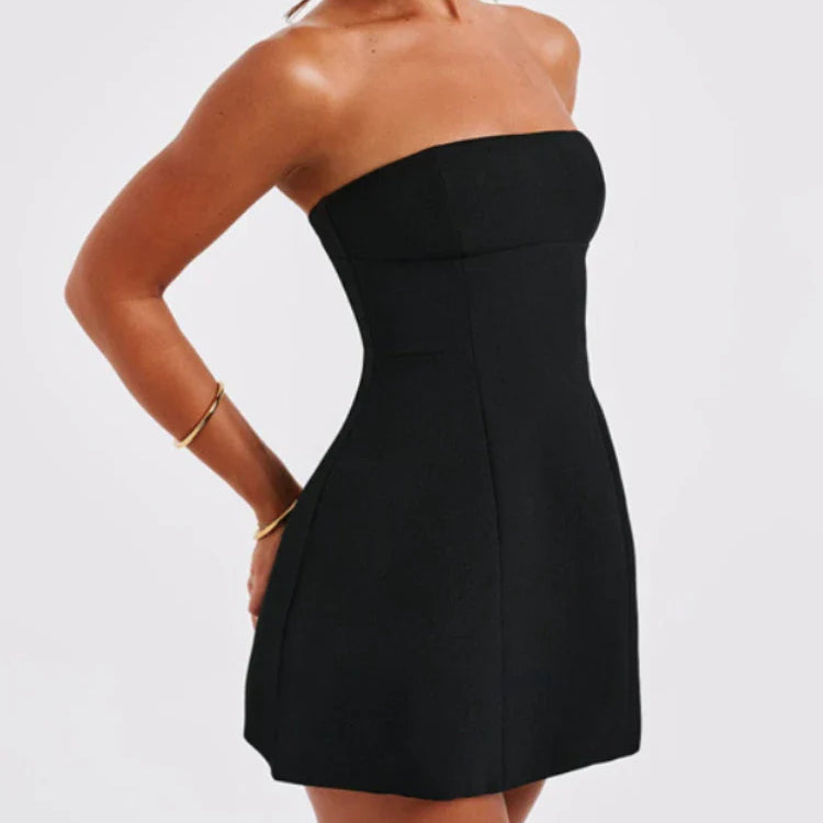 HOUZHOU Elegant Strapless Short Dresses for Women Summer Sexy Vintage Slim A-line Black Party Dresses Graduation Prom