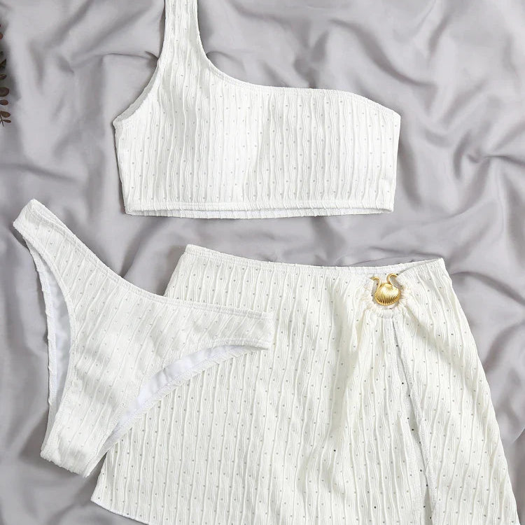 2023 New 3 Pieces Set Swimsuit Women Thong Swimwear Sexy One Shoulder Micro Bikini Set With Skirt White Beachwear Bathing Suit white