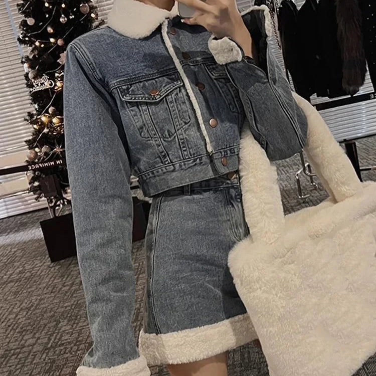 Autumn Winter Denim Skirt Suits Denim Imitation Lamb Jeans Coat Women High Sense High Street Sweet Cool Two Piece Set