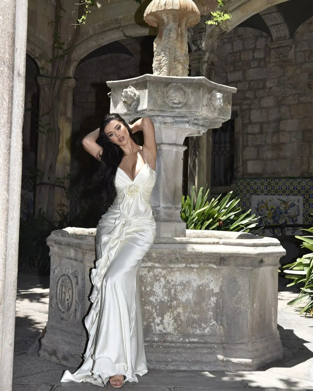 Women Sleeveless Sexy V-Neck Ruffles Bodycon Long Maxi Dress Satin Nightclub Party Celebrate Dress Wholesale