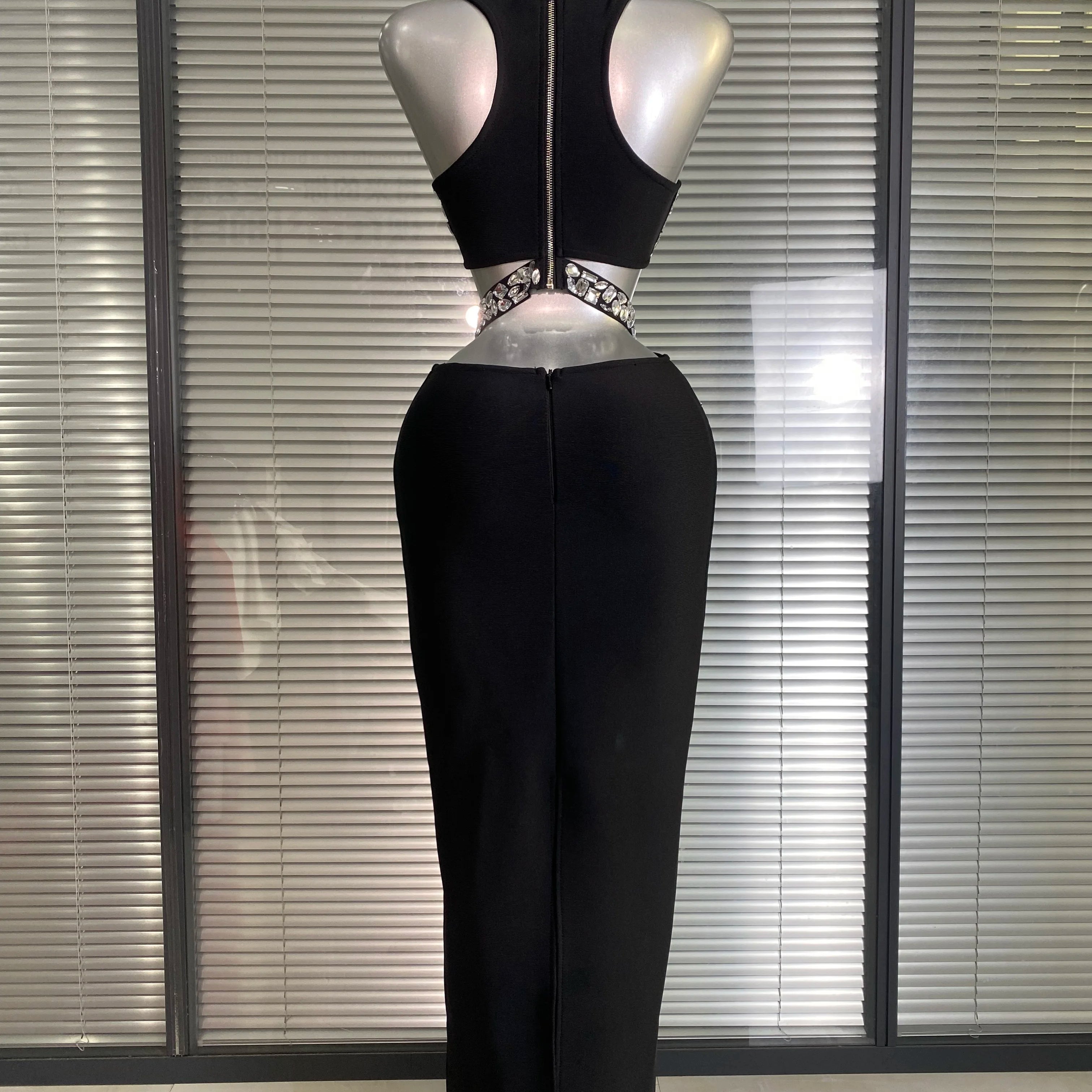 Summer New Women Sexy Sewed Crystal Diamonds Black Long Bandage Two Piece Set Celebrity Evening Party Long Skirt Suits