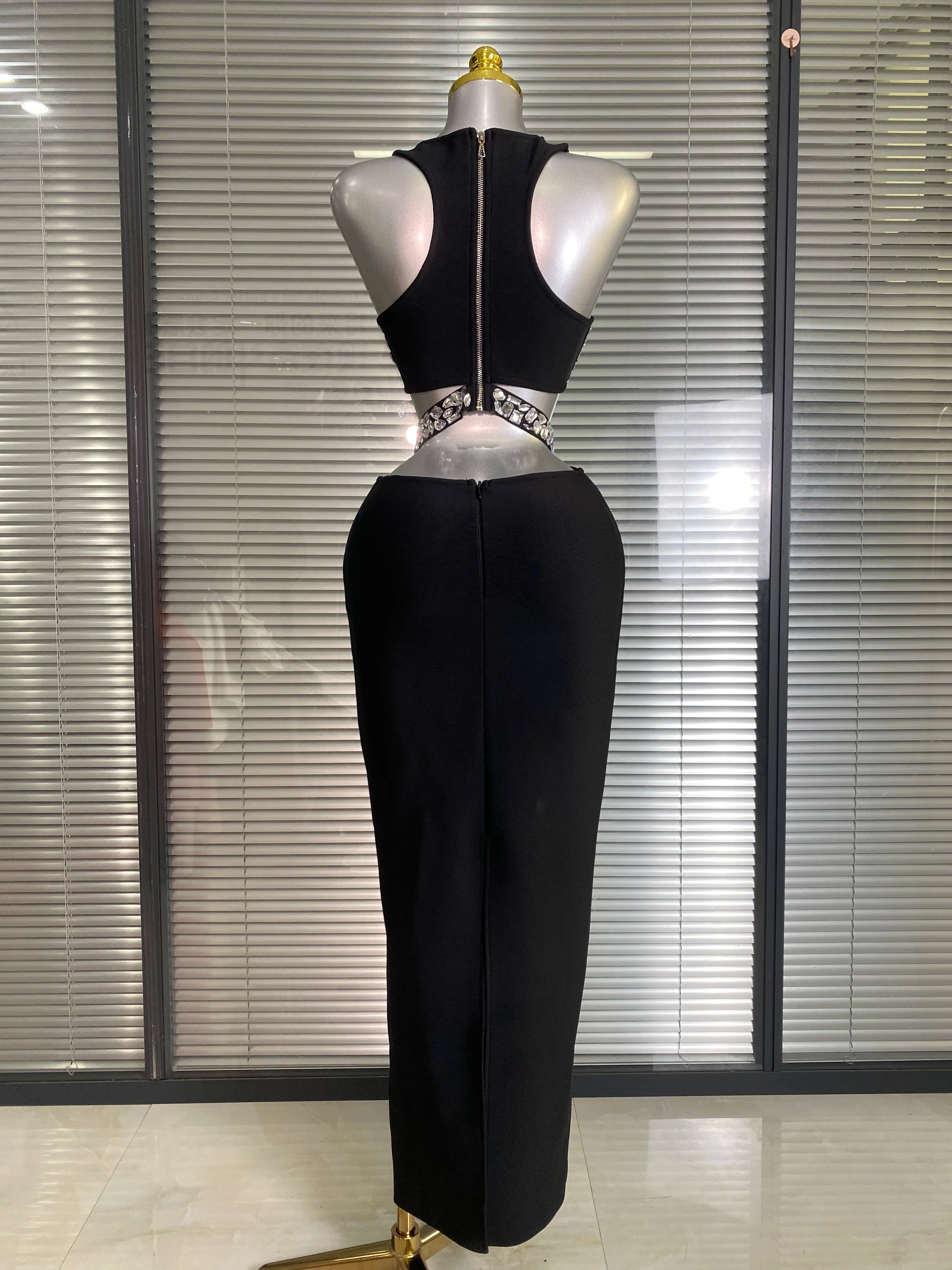 Summer New Women Sexy Sewed Crystal Diamonds Black Long Bandage Two Piece Set Celebrity Evening Party Long Skirt Suits
