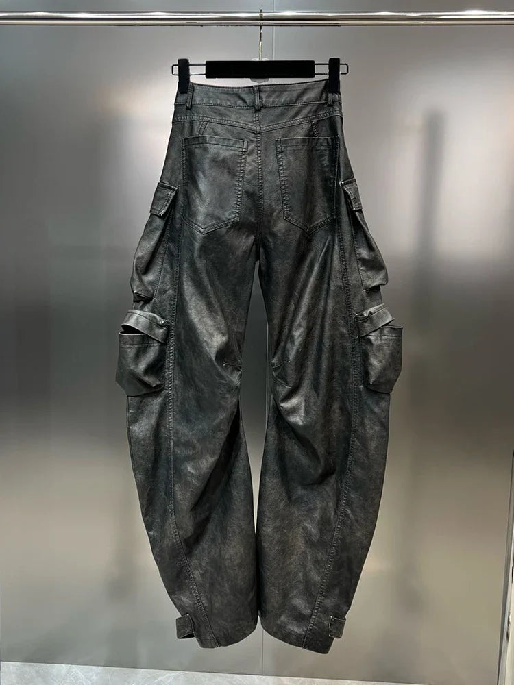 DEAT Multi Pocket Design Vintage PU Leather Pants For Women High Waist Single Button Cargo Trousers Autumn Female 11XX5286