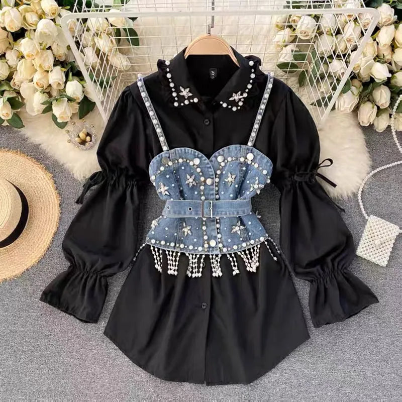 High-End White Shirt Dress Female Lapel Diamond Pearl Luxury Shirt Short Denim Vest Chic Two Piece Sets Female Fashion Photo Color