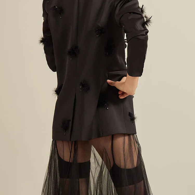 DEAT Fashion Women Blazer Notched Collar Single Button Mesh Patchwork Diagonal Collar Dresses Suit Jackets Spring CP1821