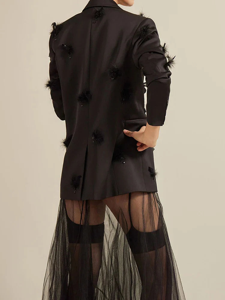 DEAT Fashion Women Blazer Notched Collar Single Button Mesh Patchwork Diagonal Collar Dresses Suit Jackets Spring CP1821