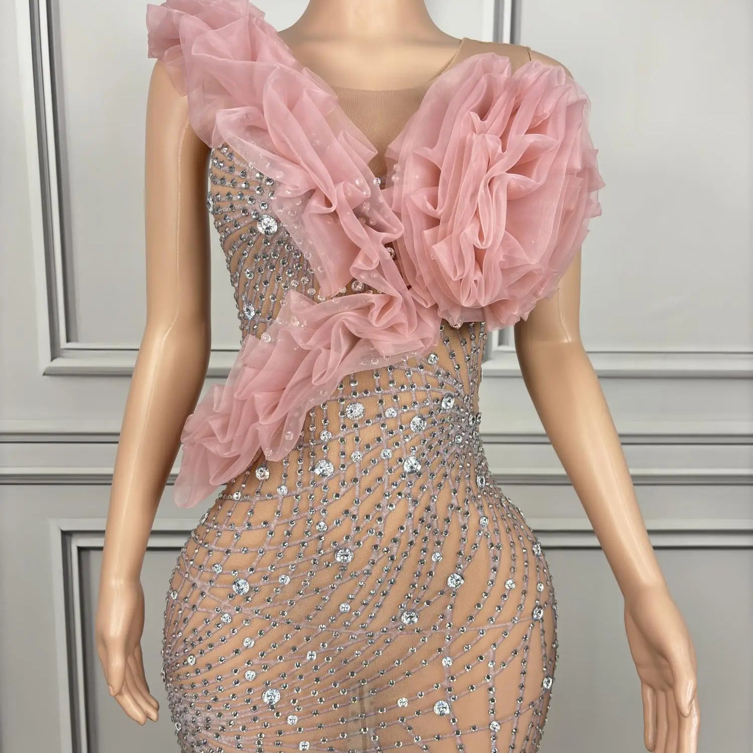 Elegant Ball Dress Sparkly Rhinestone Women Wedding Prom Birthday Party Evening Gown Sheer Mesh Luxury Sexy Maxi Dress Dousha