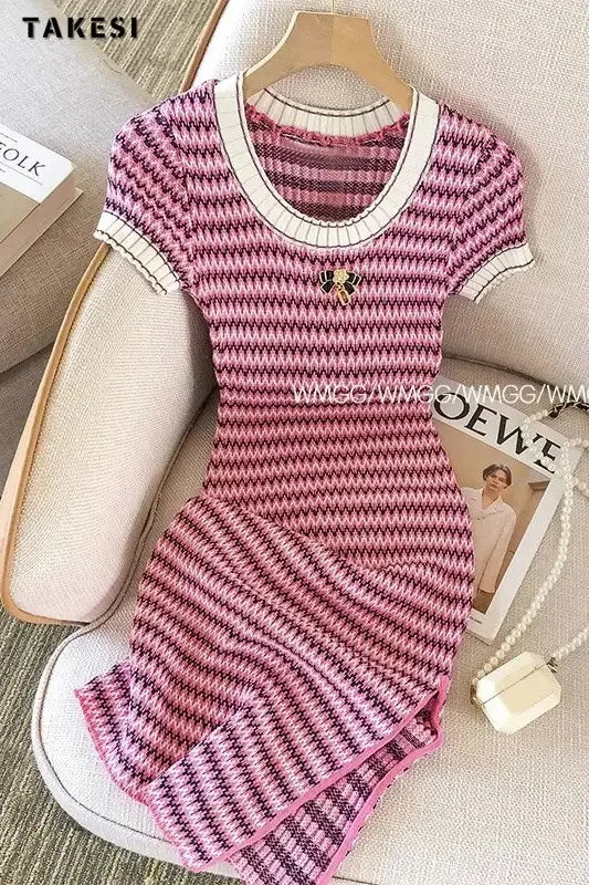 Women Short Sleeve Round Neck Striped Luxury Sheath Mini Dresses Summer Patchwork High Waist Slim Fit Knitting Dress