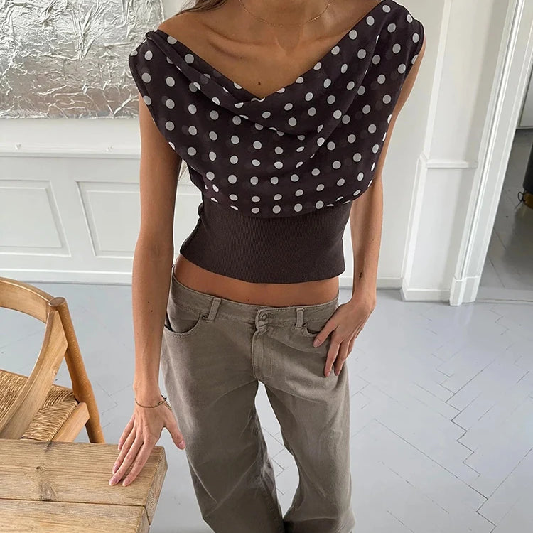 Top curto de bolinhas sem costas feminino, colete fashion de verão, ombro oblíquo, sem mangas, regata feminina