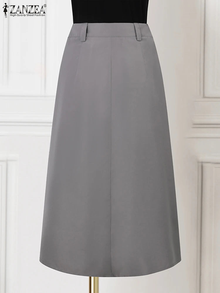 Women High Waist Jupe Korean Fashion Pleating Skirt Vintage Office Lady Spring Falda Holiday Loose Solid Maxi Skirts