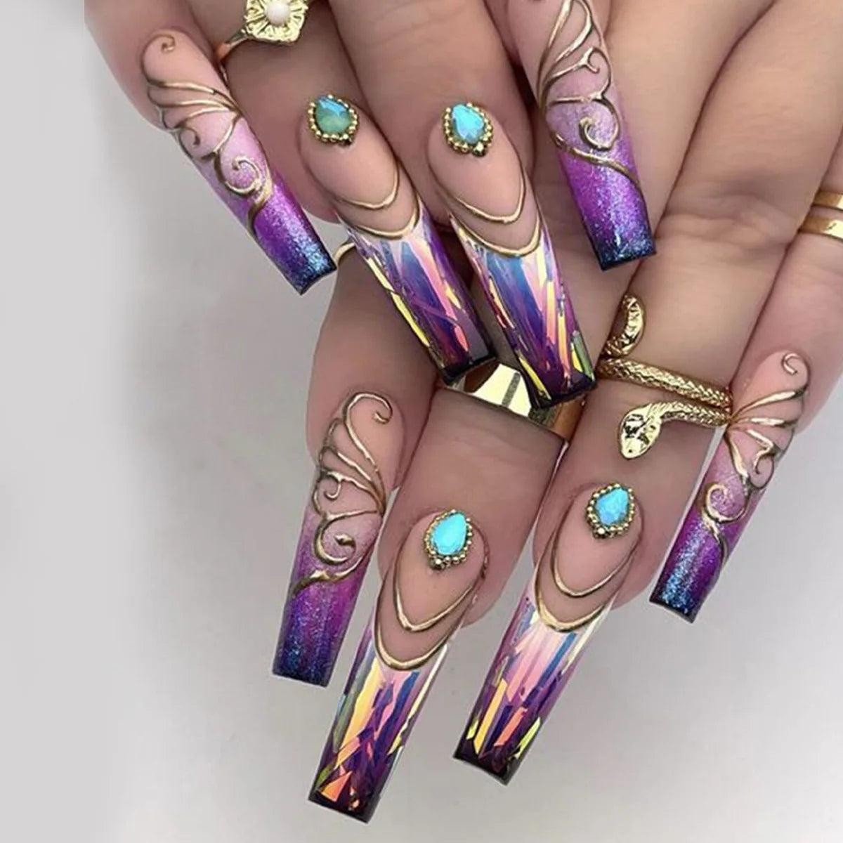 24pcs/set Medium long fake nails square ballet tips flowers butterfly for spring summer season blue green press on false nail
