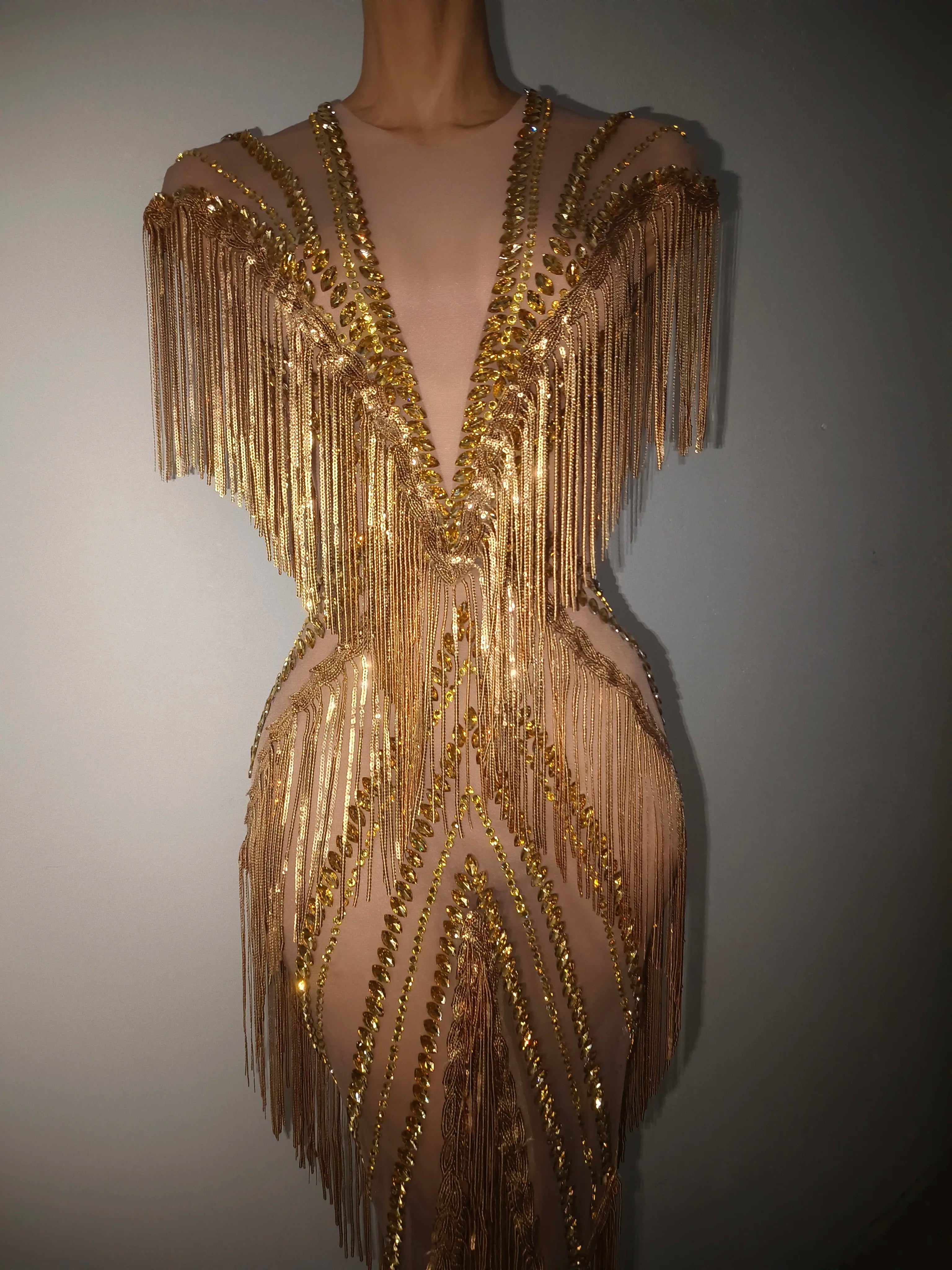 New Women Sexy Mesh Crystal Tassel Sparkly Maxi Dress See Through Gold Silver Party Singer Party Costume Stage Performance Dress