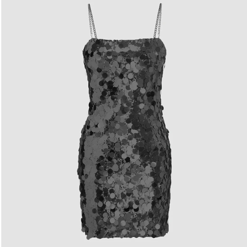 Sequined Tube Top Strap Dress Women Sexy Sleeveless Slim Solid Straight Long Vestidos Fashion Backless Slip Split Evening Robe A black