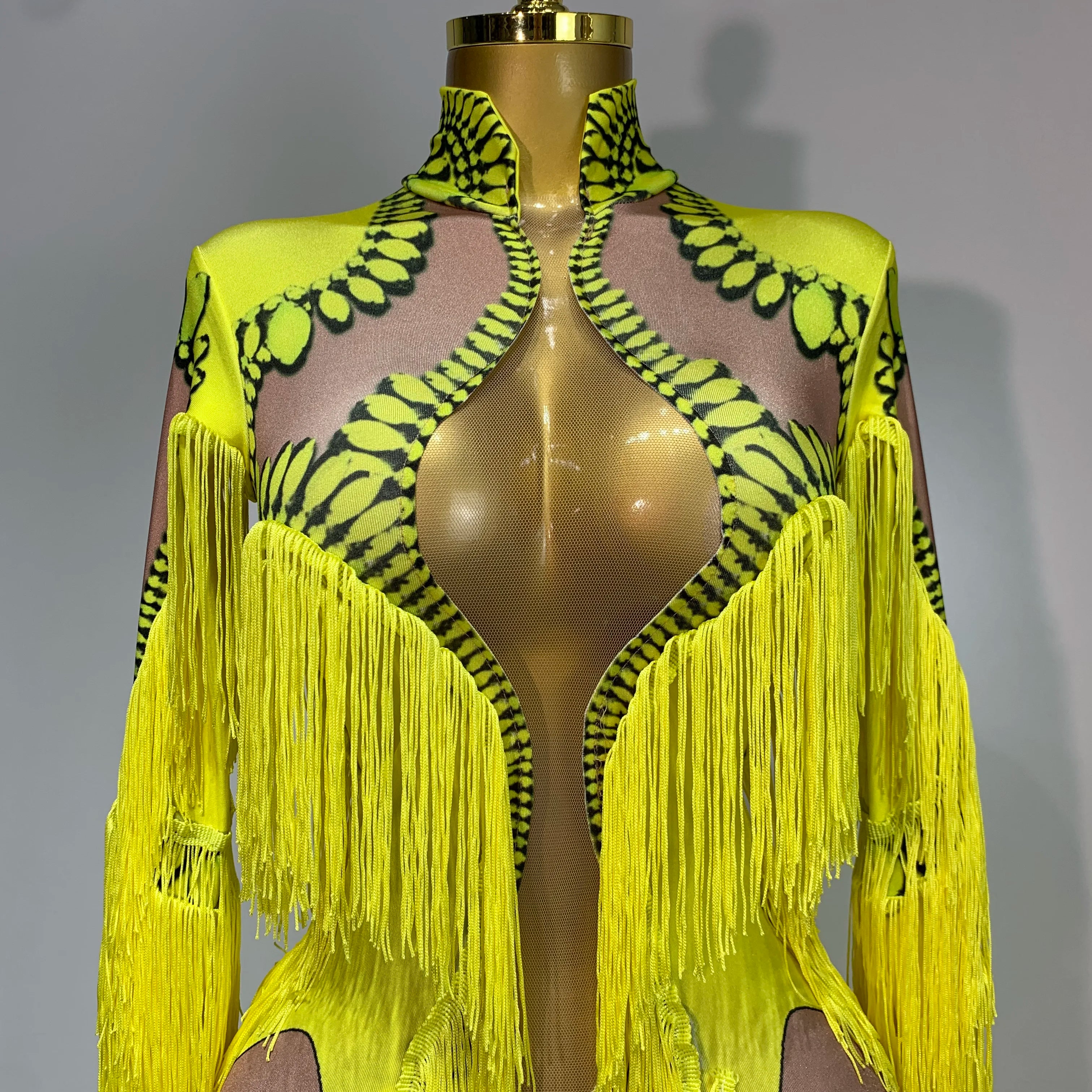 Yellow Tassel Stretch Bodycon Jumpsuit Nightclub Gogo Dance Clothing Dj Rave Outfit Nightclub Party Singer Performance Outfit