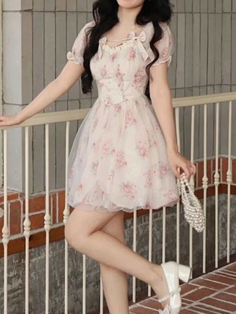 Elegant and Chic Women Casual Print Mini Dress Vintage Slim A-Line Party Birthday Prom Dresses Female French Style Robe Summer