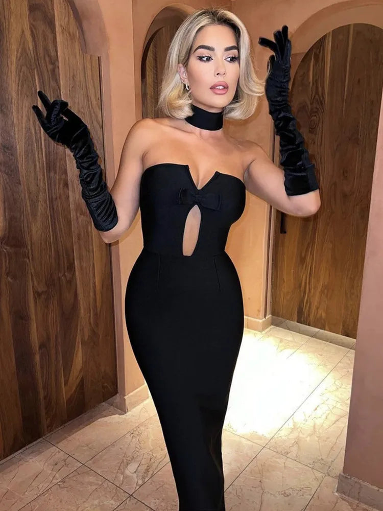 Vestido de verão sexy sem alças, sem costas, gravata borboleta, rosa choque, preto, tornozelo, feminino, bodycon, bandagem, elegante, vestido de festa para noite