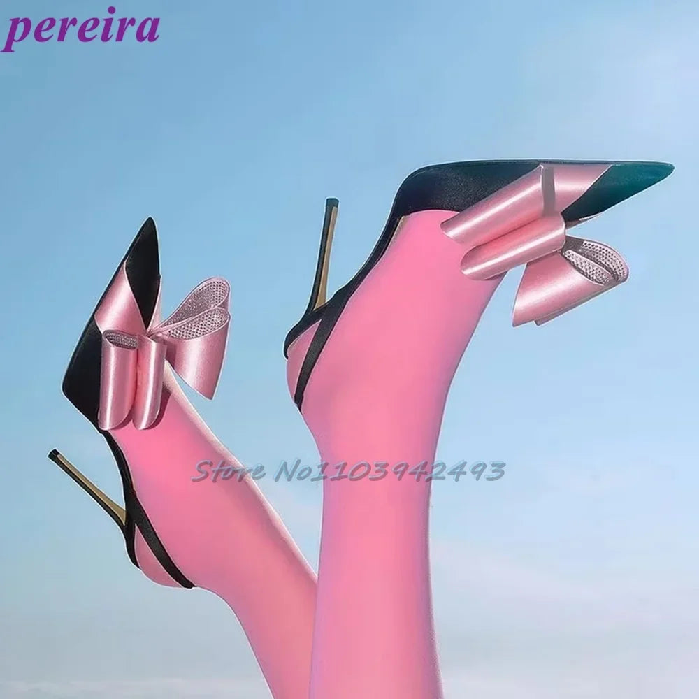Butterfly-Knot Satin Rhinestones Sandals Pointed Toe High Heels Kitten Heel Women Luxury Designer Mules Solid Back Strap Shoes
