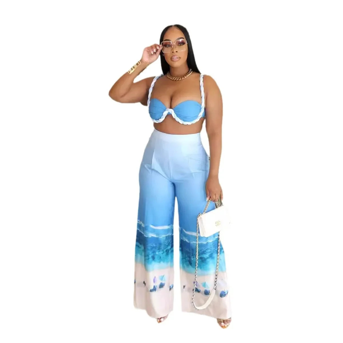 CM.YAYA Summer Women's Set Beach Print Sleeveless Strapless Tops +Wide Leg Pants Suits Street Two 2 Piece Sets Bohemian Outfits