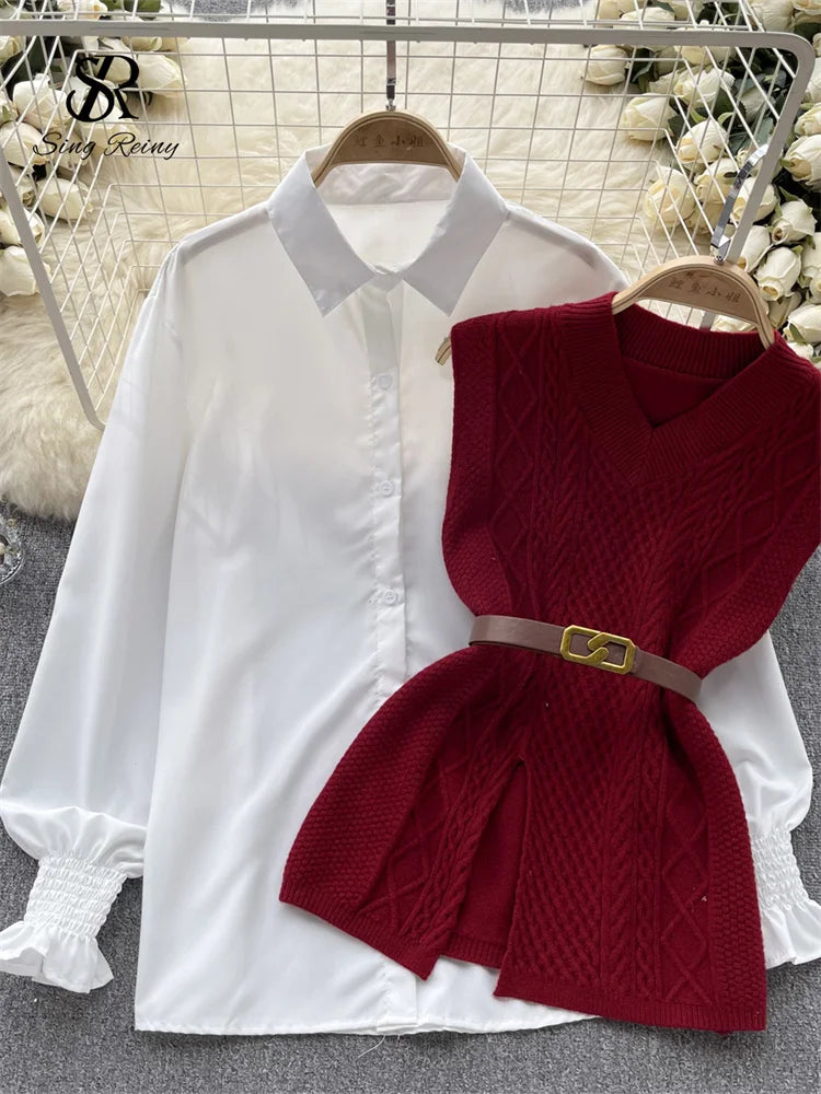 Office Lady Knitted Sweater Warm Thick Knit Vest+Single Breasted Lantern Sleeve Blouse Women Pullover Shirt Suits