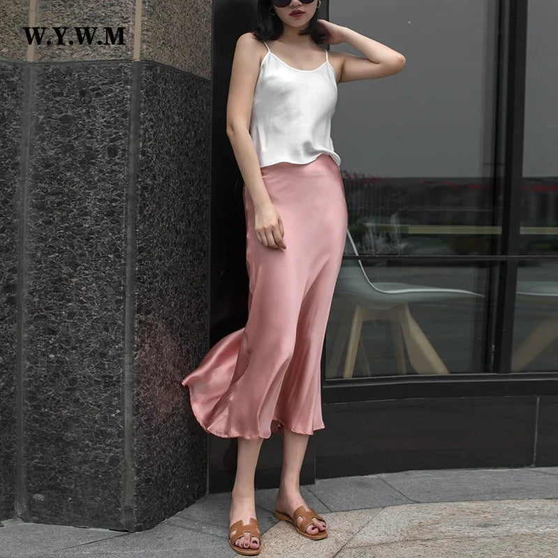 WYWM Summer High Waisted Satin Silk Skirt Women Solid 8 Color Fashion Elegant Ladies Streetwear Skirts Slim A-line Female Dress