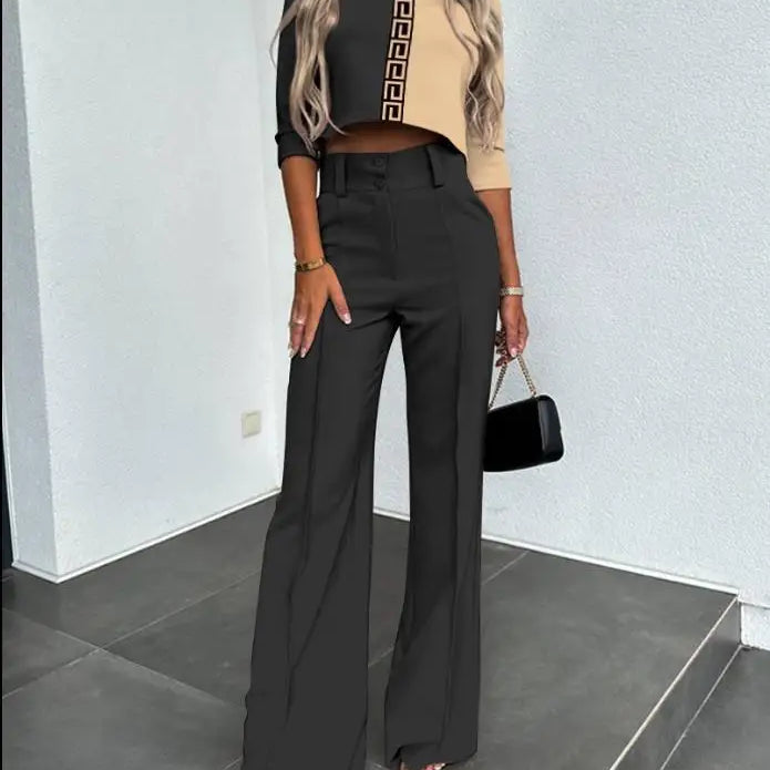 2024New Fashion Women's Elegant Small High Neck Casual Shorts Top Pocket Micro Horn Elegant Pants Set Beige