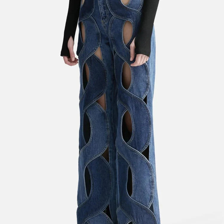 DEAT Fashion Women's Jeans High Waist Cross Contrast Color Hollow Out Metal Button Straight Denim Pants Summer New 17A8765H