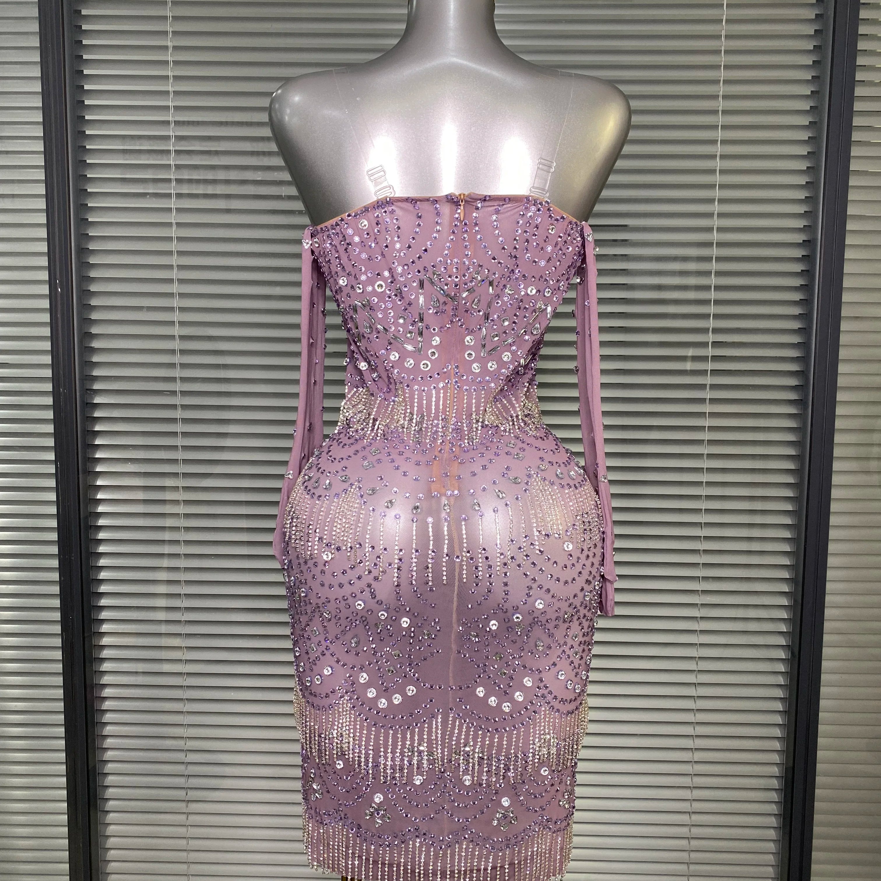 Women Sexy Strapless See Through Mesh Purple Costume Stage Dancer Singer Night Club Celebrity Gloves Mini Party Dress