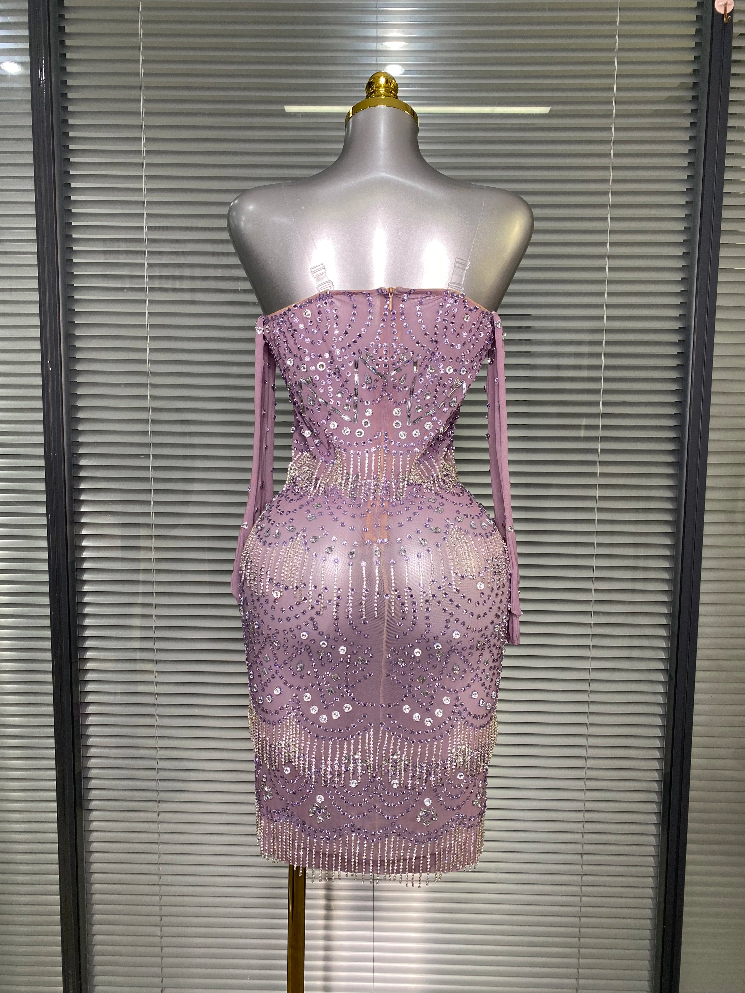 Women Sexy Strapless See Through Mesh Purple Costume Stage Dancer Singer Night Club Celebrity Gloves Mini Party Dress