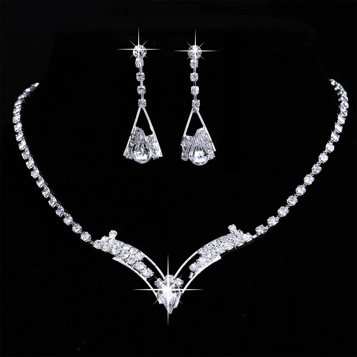Luxury Elegant Zircon Flower Necklace Earrings Set For Women Silver Color Rhinestone Waterdrop Heart Wedding Bridal Jewelry Set W15989H01