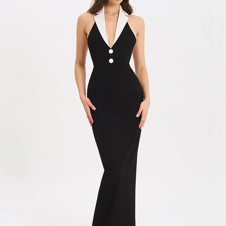 Halter Backless Sexy Maxi Dress For Women Gown Contrast Color Notched Collar Sleeveless Bodycon Club Party Tank Dress