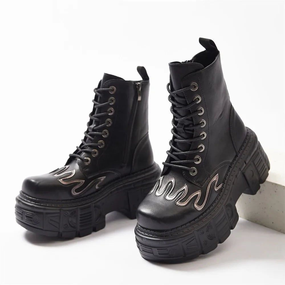 Fashion Women Punk Lace-Up Round Toe Boots For Woman's Thick Bottom Knee High Botas Mujer 2025 Motorcycle Party Platform Shoes