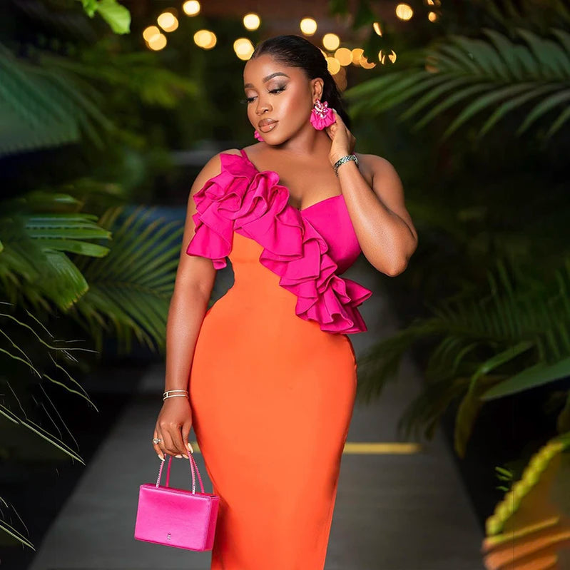 Fashion Orange Color Women Sleeveless Sexy V-Neck Ruffles Bodycon Mid-calf Bandage Dress Birthday Celebrate Party Dress