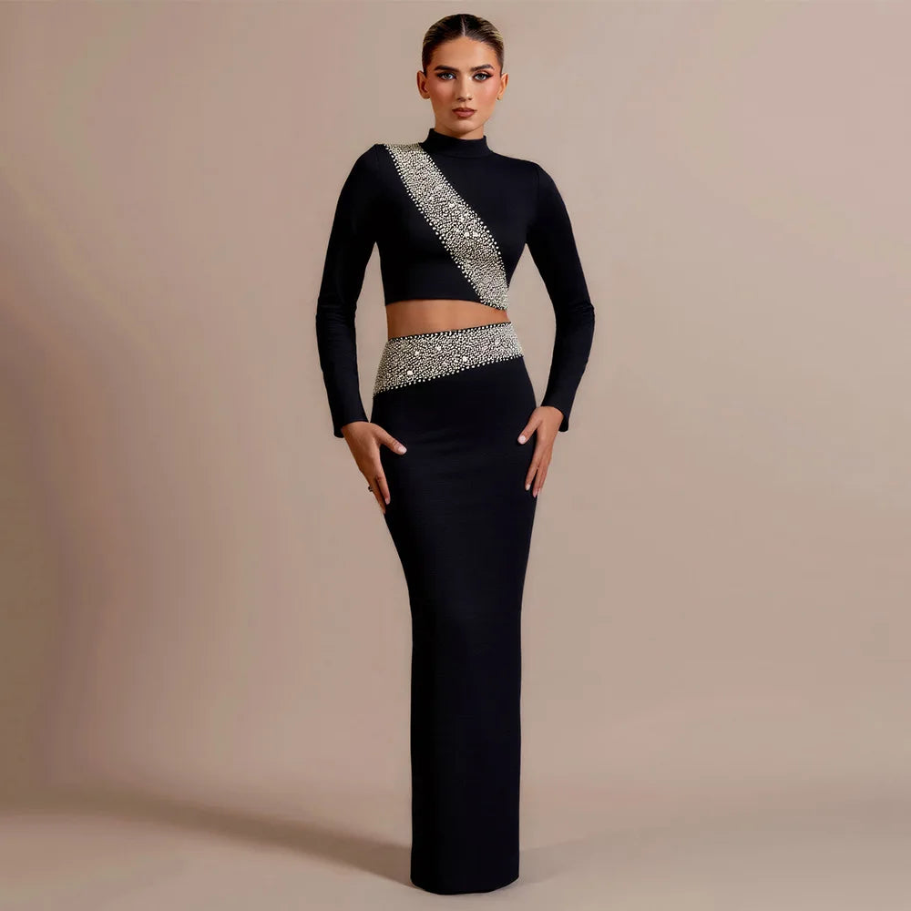 Black Red Women Long Sleeve Shinning Rhinestones 2 Pieces Bodycon Long Bandage Dress Elegant Evening Party Red Carpet Outfit